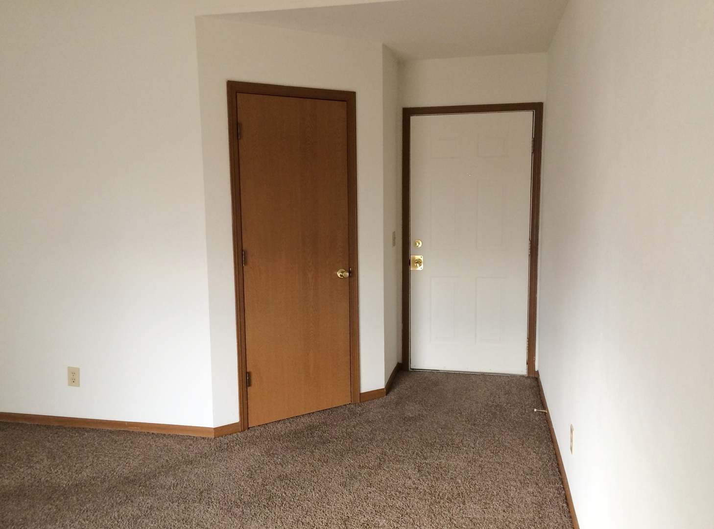 Empty room with carpet floor, one small window and closet